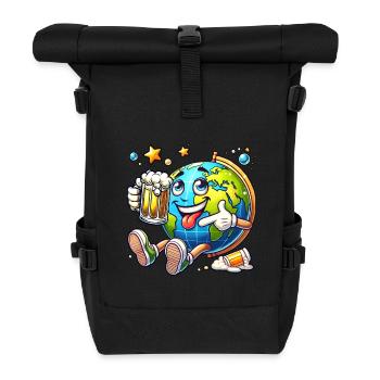 Weltkugel mit Bier Comic Stil lustiges Motiv - Rolltop Rucksack - Schwarz - Vorne