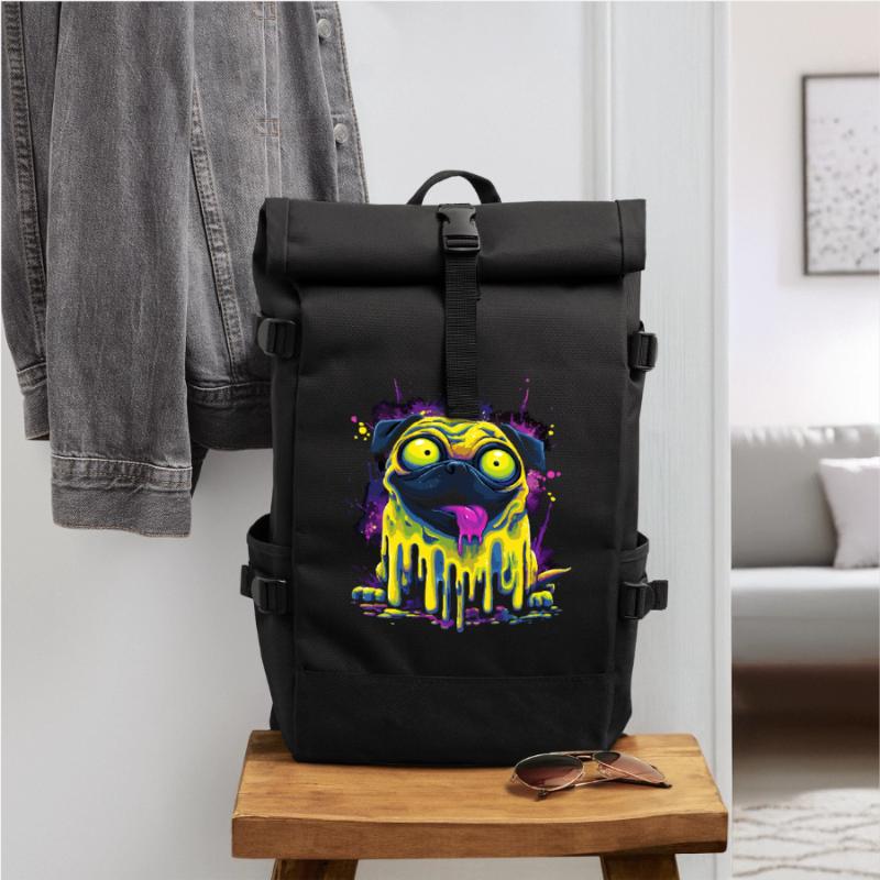Trippy Psychedelischer Mops Bunter Graffiti Style Rolltop Rucksack