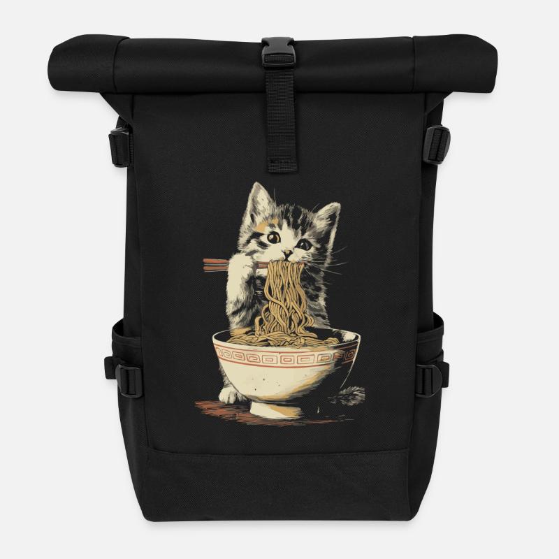 Süße Katze isst Ramen – lustiges Nudel Design - Rolltop Rucksack - Schwarz