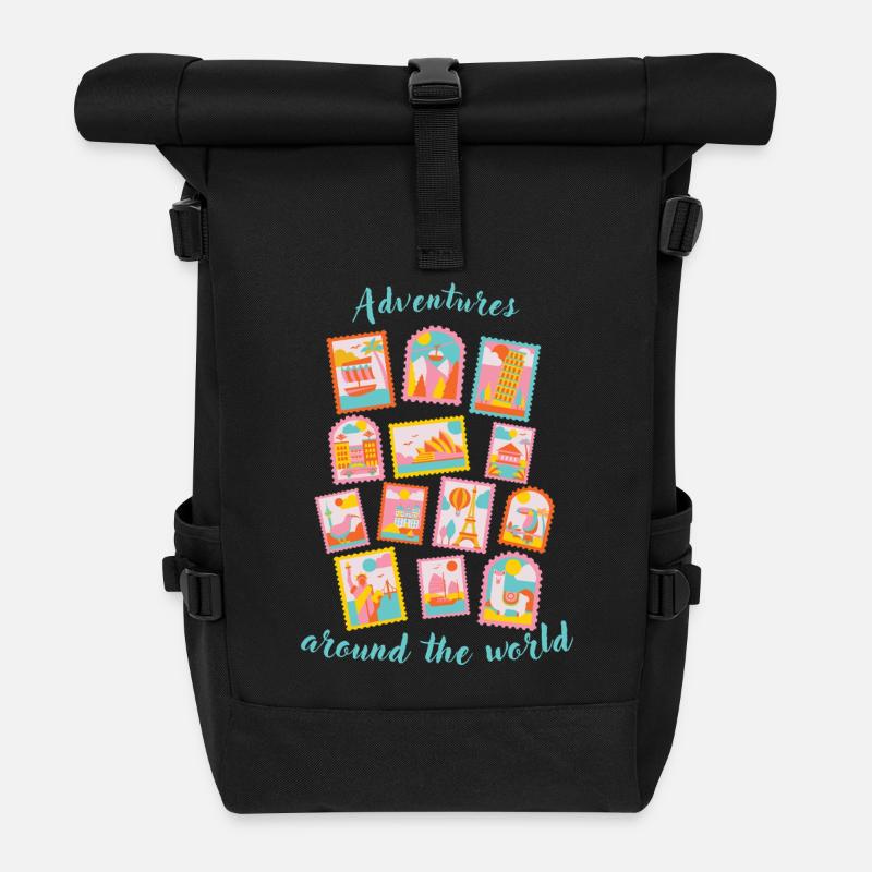 Adventures around the world - Briefmarken - Rolltop Rucksack - Schwarz