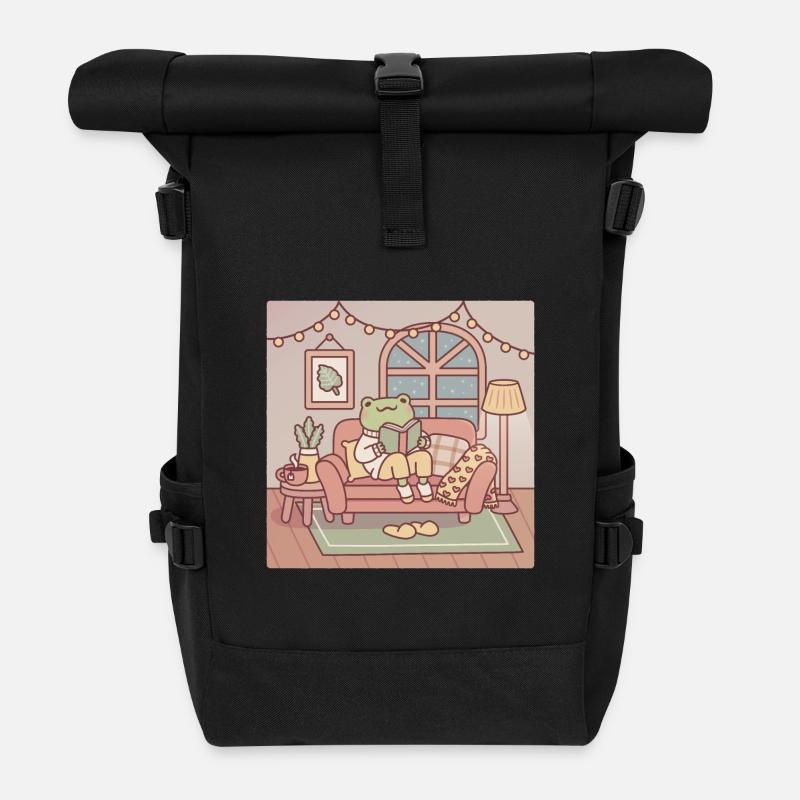 Cute Frog Reading A Book In Cozy Room - Roll Top Backpack - black