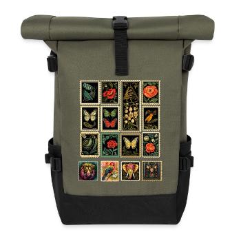 Decorative Fancy Postage Stamps - Roll Top Backpack - olive/black - Front