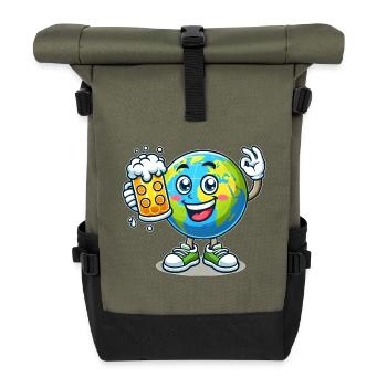 Weltkugel mit Bier Comic Stil lustiges Motiv - Rolltop Rucksack - Olive/Schwarz - Vorne