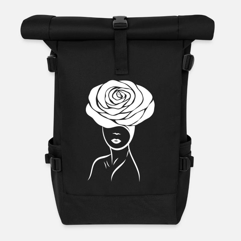 Mädchen / Lady mit Blume (Rose) auf dem Kopf - Rolltop Rucksack - Schwarz
