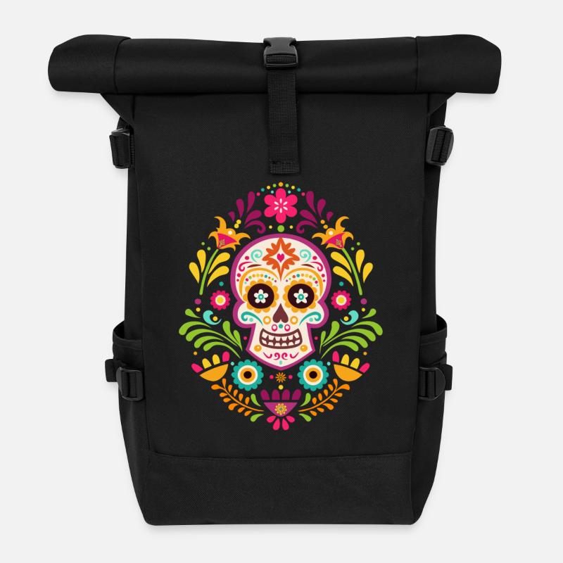 Tête de mort mexicaine, sugar skull dia de Muertos - Sac à dos roll top - noir