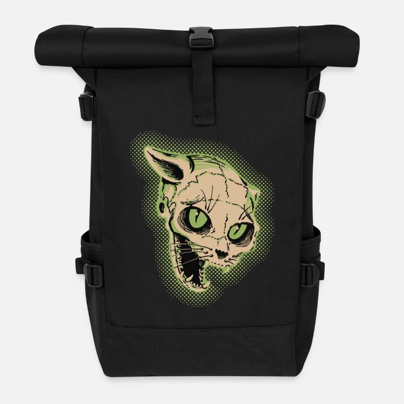 Vintage Cat Skull Illustration - Roll Top Backpack - black