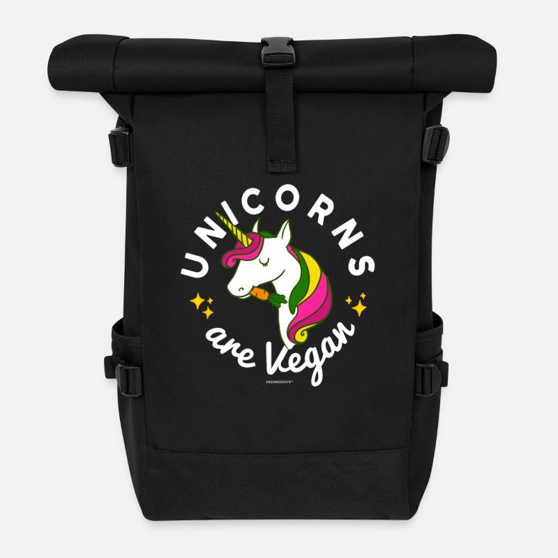 Unicorn TShirt - Unicorns are Vegan (Magic Green) - Roll Top Backpack - black