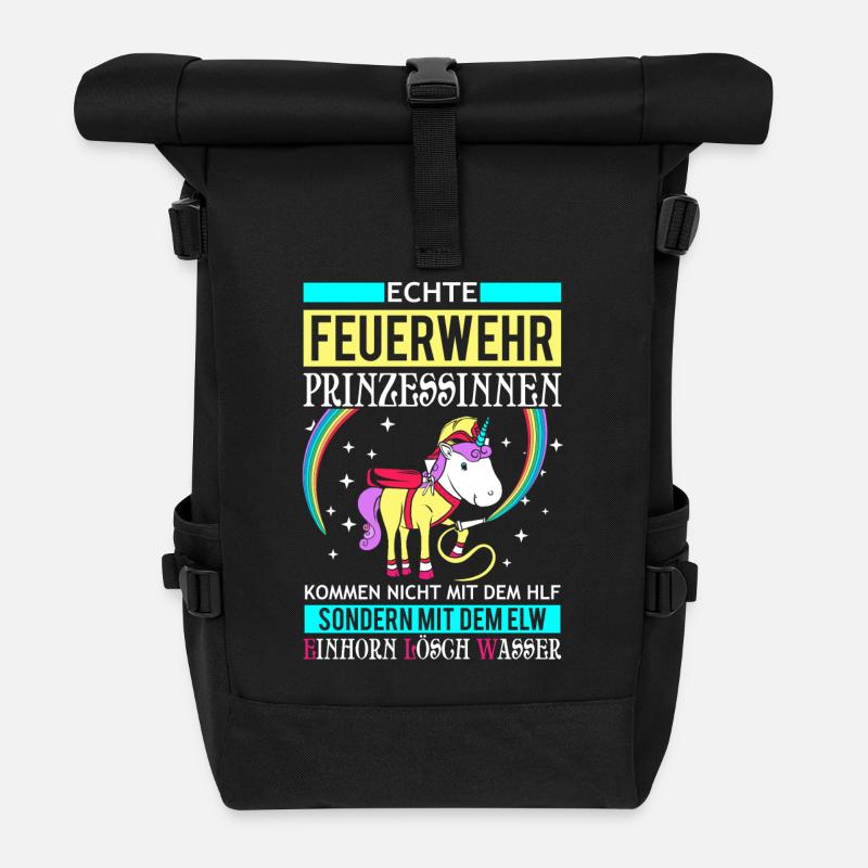 Feuerwehr Prinzessin - Einhorn - Rolltop Rucksack - Schwarz