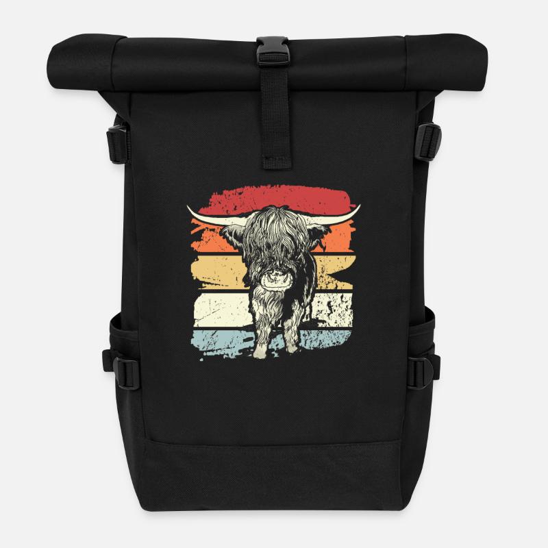 Highland Cow Highland Cows Retro - Roll Top Backpack - black