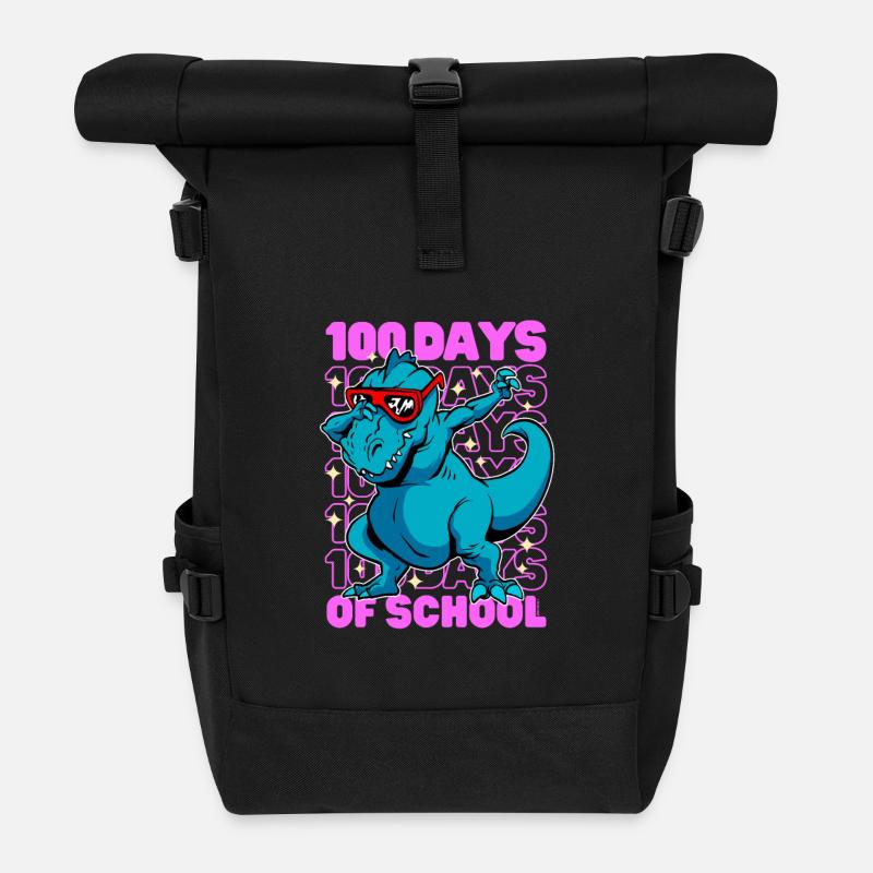 100 days of school dinosaur dab t-rex pink - Roll Top Backpack - black