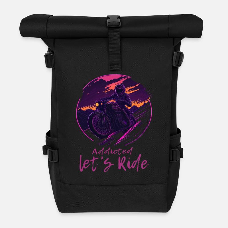 Synthwave Biker Retrowave Sunset Motorradfahrer - Rolltop Rucksack - Schwarz