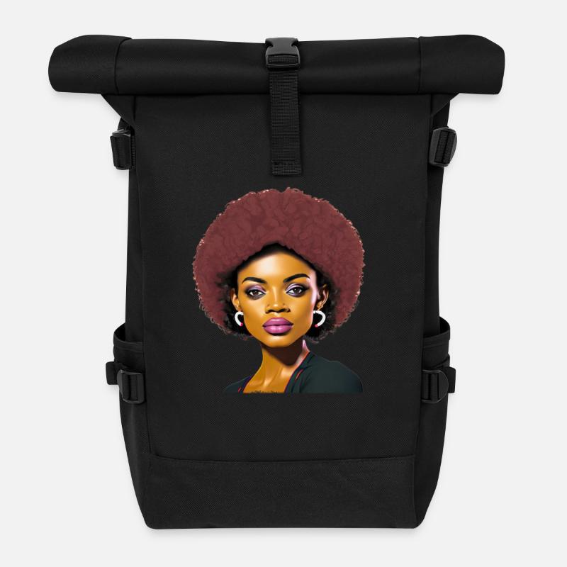 Lady with Afro - Roll Top Backpack - black