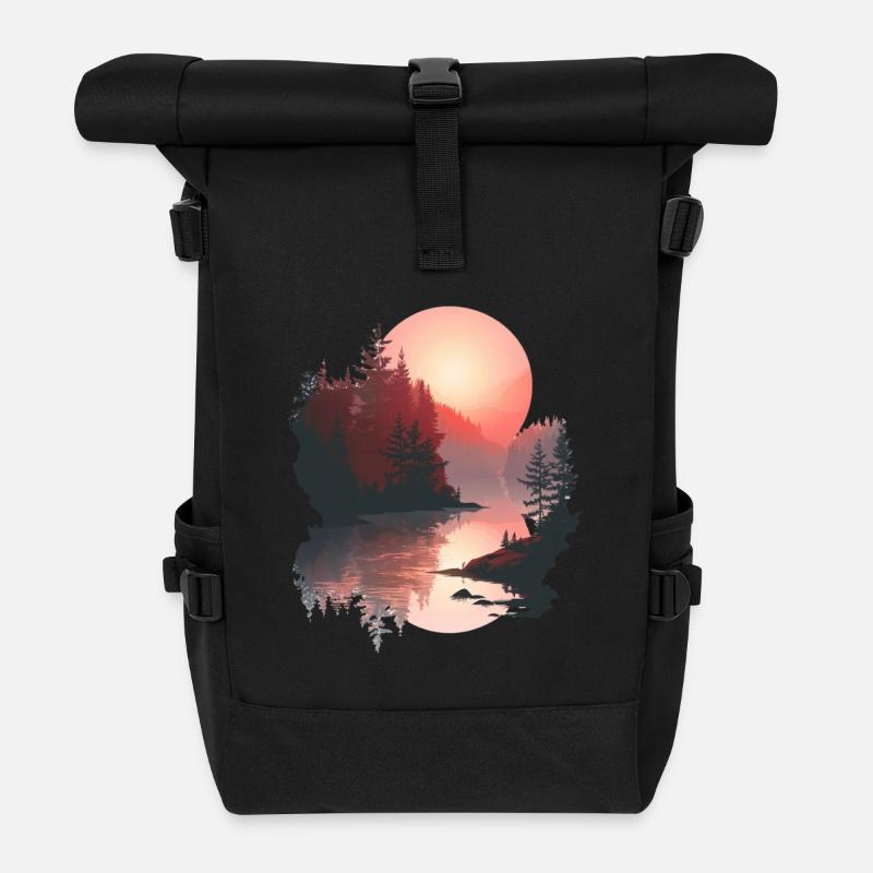 Coucher de soleil, Réflexion, Forêt, Scène - Sac à dos roll top - noir