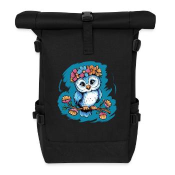 Niedliche Eule Vogel Federn Blumen für einen - Rolltop Rucksack - Schwarz - Vorne