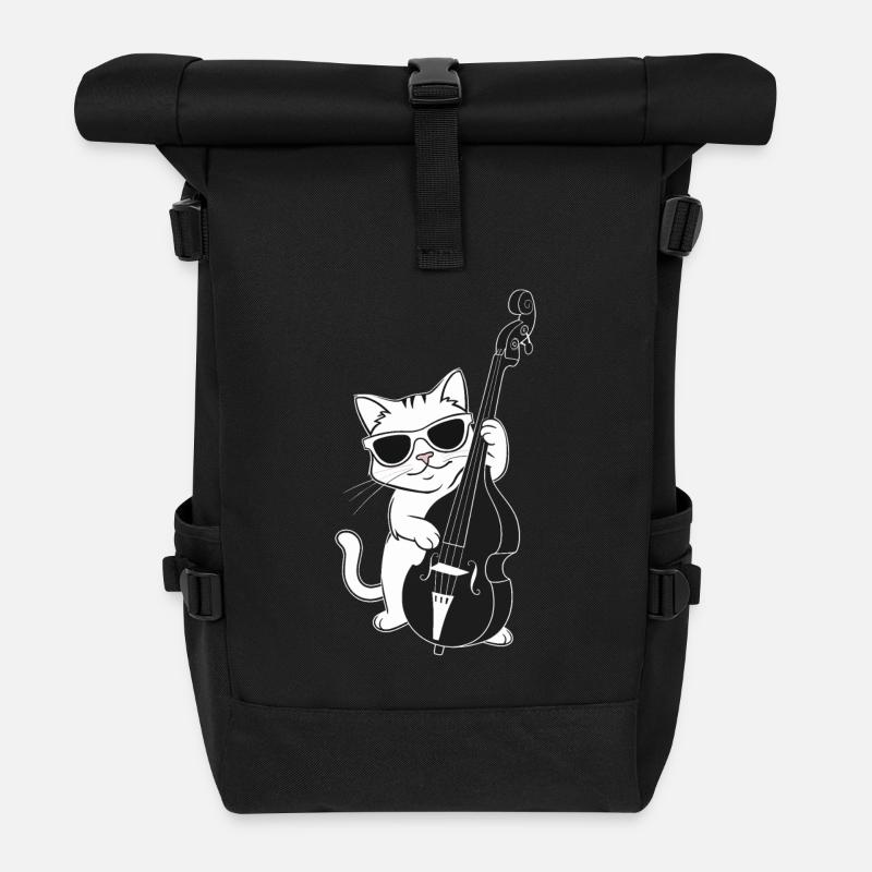 Katze Mit Sonnenbrille Spielt Kontrabass - Rolltop Rucksack - Schwarz