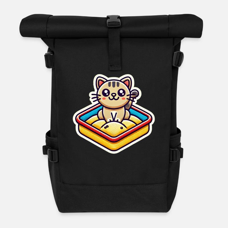Süße Katze sitzt im Sandkasten Patch-Stil - Rolltop Rucksack - Schwarz