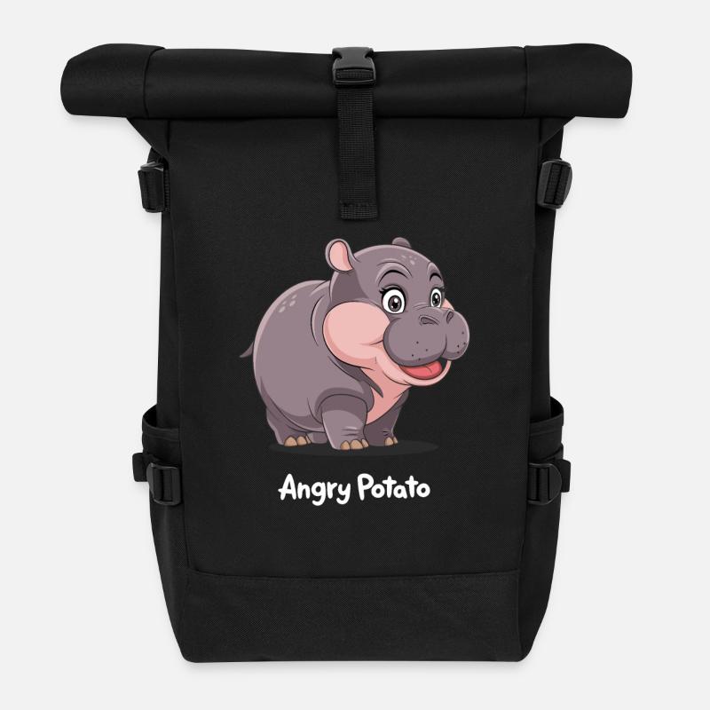 Moo Deng Angry Potato Hippo - Rolltop Rucksack - Schwarz