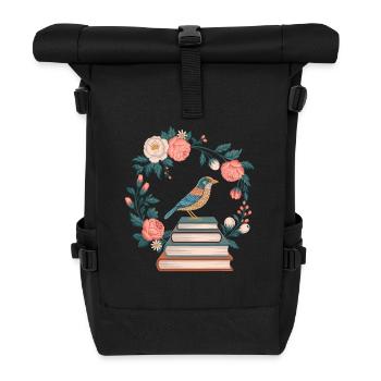 Cottagecore Bird and Flowers Stack of Books - Roll Top Backpack - black - Front