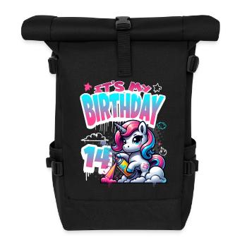 14th Birthday Unicorn Graffiti Girl - Roll Top Backpack - black - Front