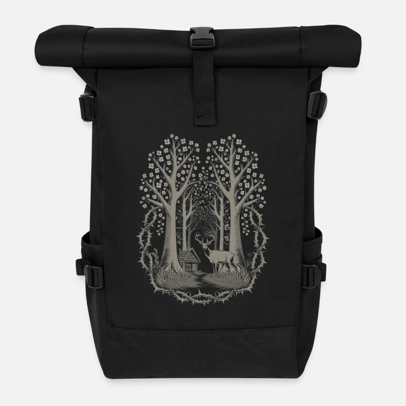 Dunkle Cottagecore Waldszene mit Hirsch - Rolltop Rucksack - Schwarz
