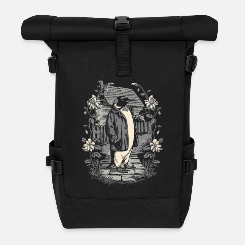 Dunkle Cottagecore Ästhetik mit Elegantem Pinguin - Rolltop Rucksack - Schwarz