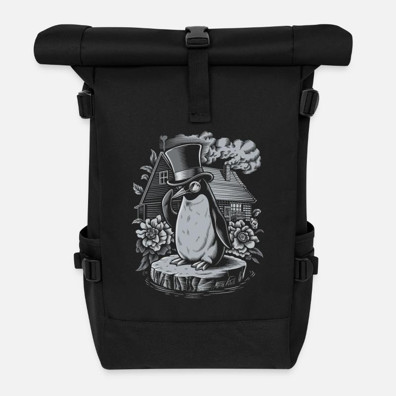 Dunkle Cottagecore Pinguin mit Zylinder - Rolltop Rucksack - Schwarz