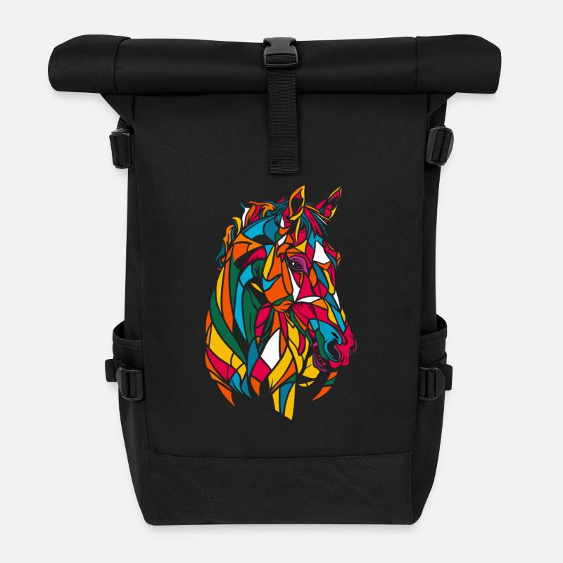 Buntes Geometrisches Bauernhof-Tiergrafik Pferd - Rolltop Rucksack - Schwarz