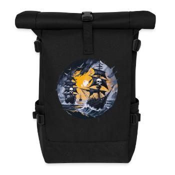 pirate boat, pirates, captain, sailing ship, - Roll Top Backpack - black - Front