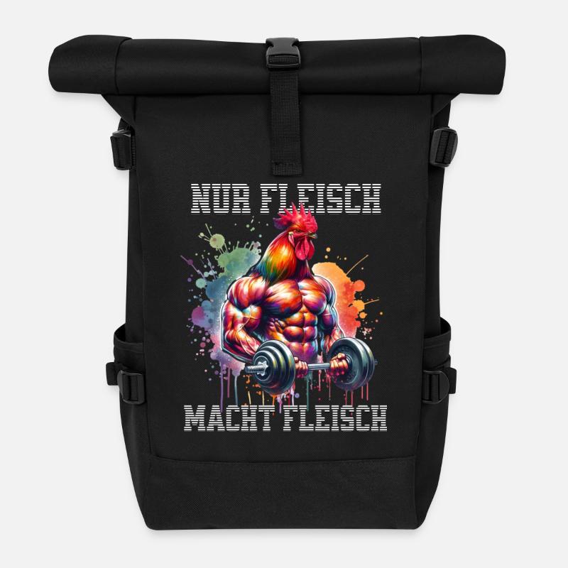 Nur Fleisch macht Fleisch Hahn Gym Spruch - Rolltop Rucksack - Schwarz