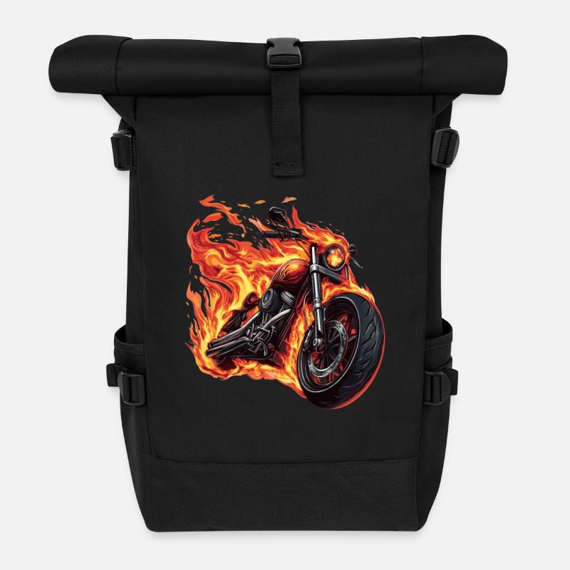 Motorrad mit Flammen - Rolltop Rucksack - Schwarz