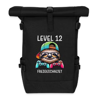 Level 12 Freigeschaltet Gamer Geburtstag Faultier - Rolltop Rucksack - Schwarz - Vorne