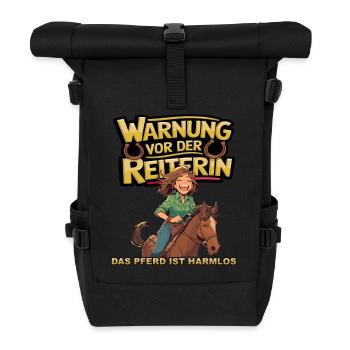 Vorsicht vor der Reiterin, das Pferd ist harmlos - Rolltop Rucksack - Schwarz - Vorne