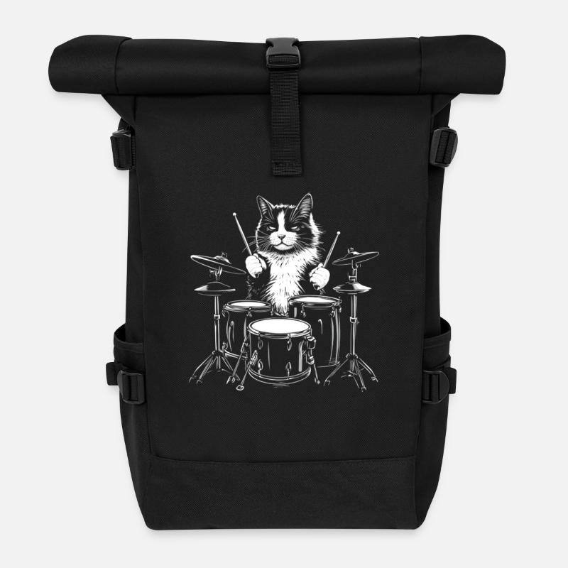Katzen-Drummer Illustration: Coole Katze Am - Rolltop Rucksack - Schwarz