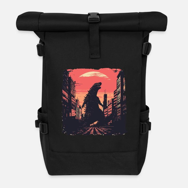 Kaiju Monster Design Sunset Gift Idea - Roll Top Backpack - black