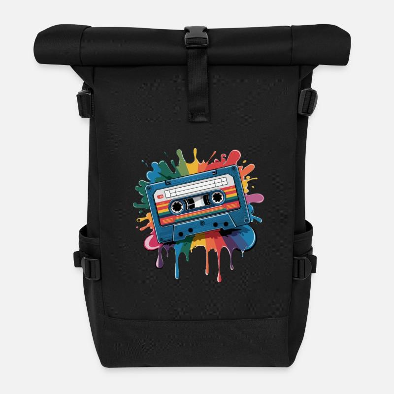 80s Retro Cassette Splash Classic Cassette Tape - Rolltop Rucksack - Schwarz