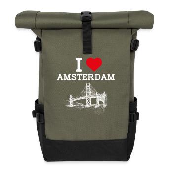 I love Amsterdam Niederlande Golden Gate Bridge Wortspiel - Rolltop Rucksack - Olive/Schwarz - Vorne