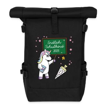 Endlich Schulkind 2025 Einschulung Schule Einhorn - Rolltop Rucksack - Schwarz - Vorne