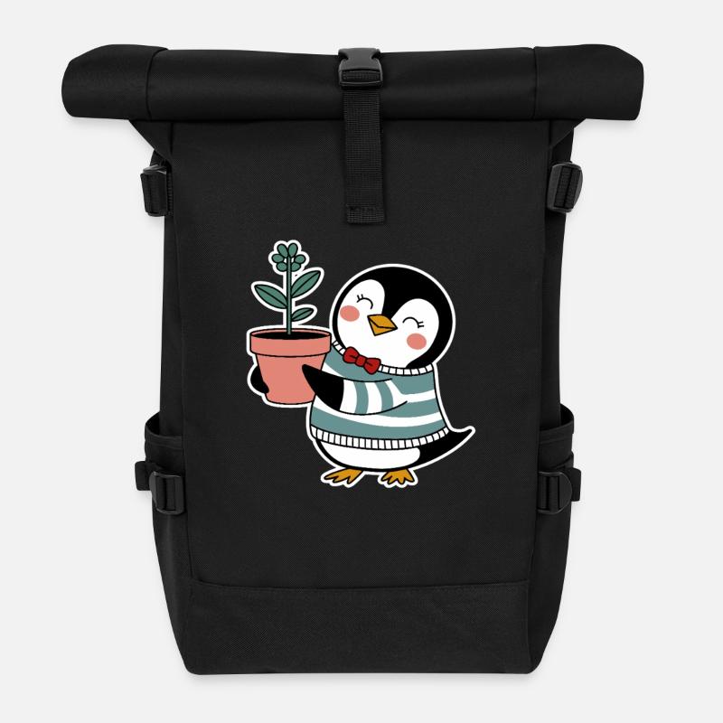 Fröhlicher Pinguin Gärtner mit Blume - Rolltop Rucksack - Schwarz