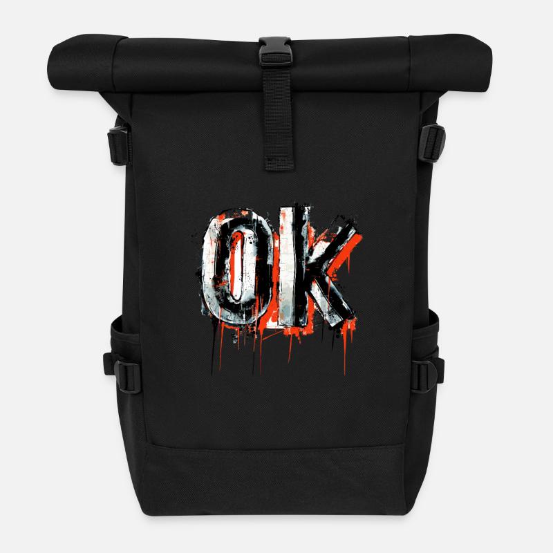 Ausdrucksstarkes Ok Graffiti Design in Weiß und - Rolltop Rucksack - Schwarz