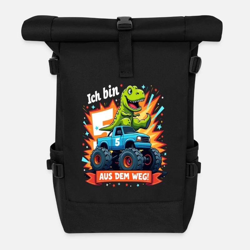 Dinosaurier 5. Geburtstag Monstertruck - Rolltop Rucksack - Schwarz