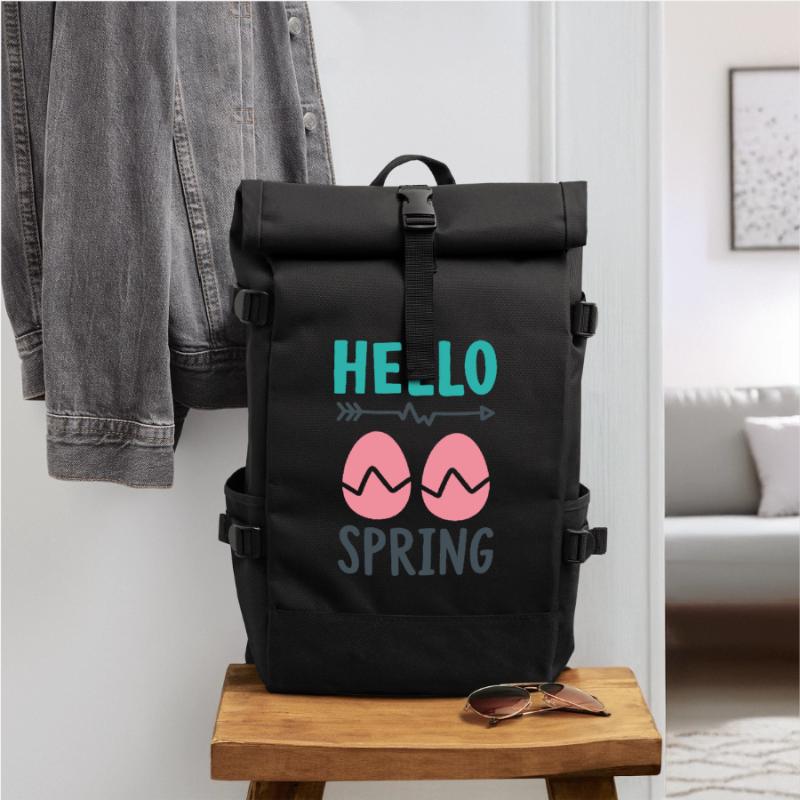Hello Spring Spring Design with Easter Eggs Roll Top Backpack