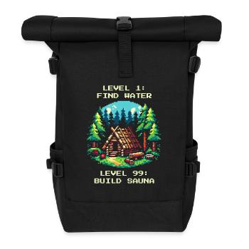 Level 1: Wasser Finden. Level 99: Sauna Bauen. - Rolltop Rucksack - Schwarz - Vorne