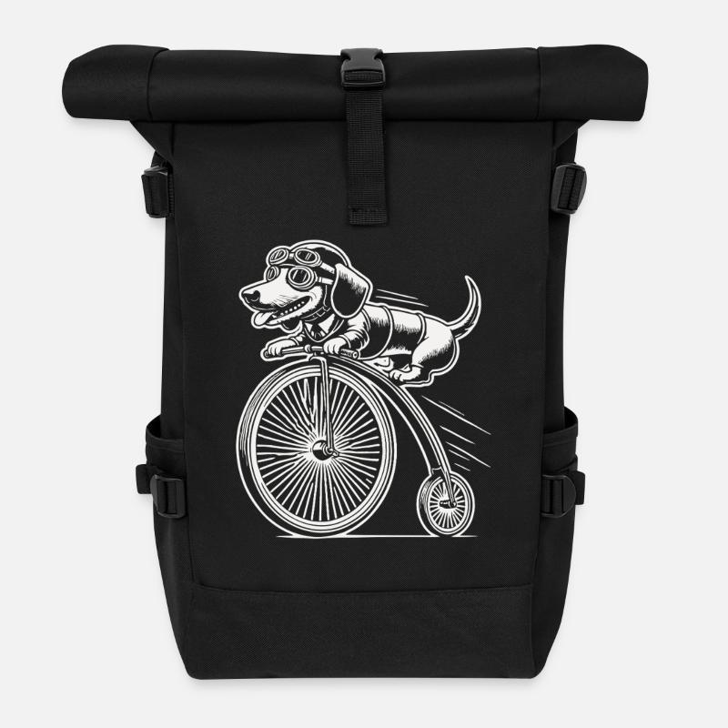 Fahrradfahrender Dackel im Retro Stil mit Humor - Rolltop Rucksack - Schwarz