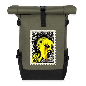 Wild punk woman with mohawk and anger on postage stamp - Roll Top Backpack - olive/black - Front