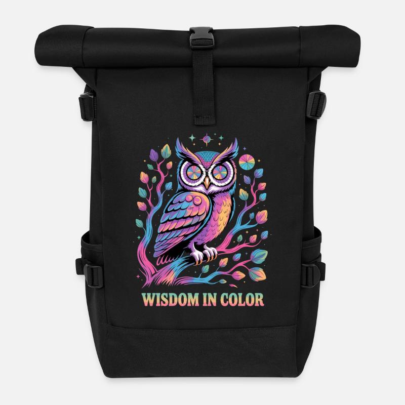 Lebendige Eulenweisheit in der Farbgestaltung - Rolltop Rucksack - Schwarz