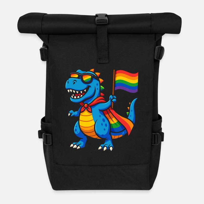 Pride Dino mit Regenbogen Cape - Rolltop Rucksack - Schwarz