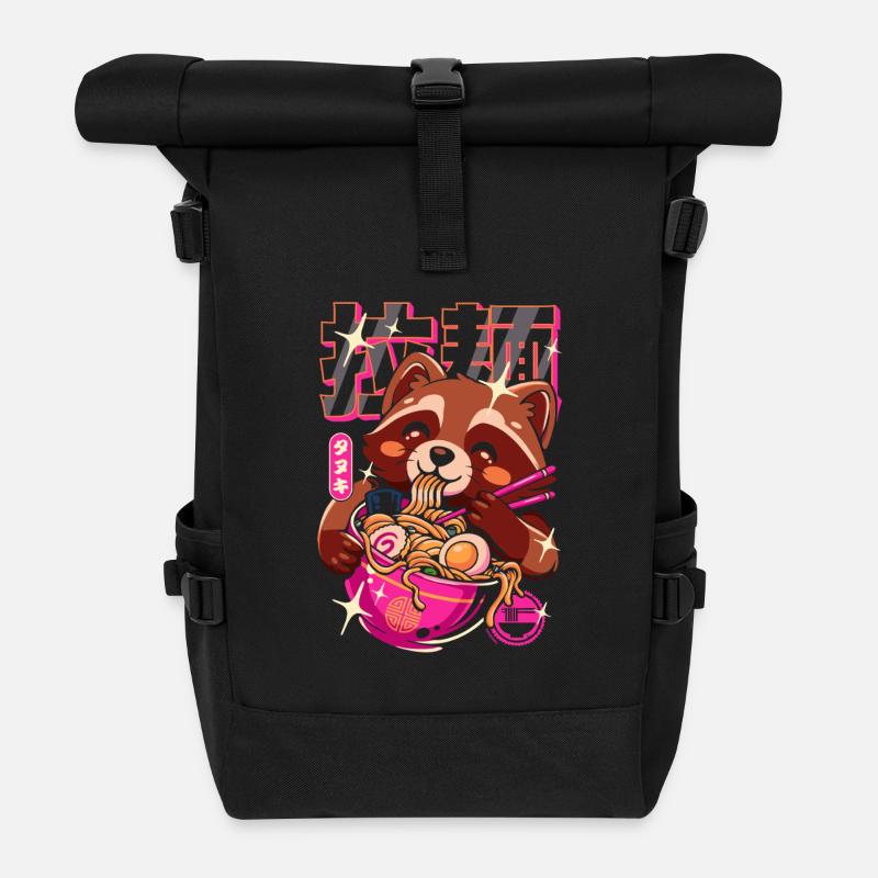 Japanese tanuki raccoon ramen - Roll Top Backpack - black
