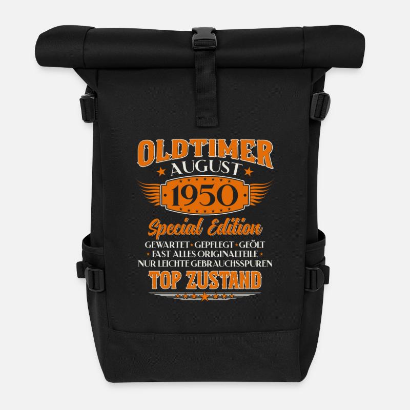 75. Geburtstag Oldtimer August Jahrgang 1950 - Rolltop Rucksack - Schwarz