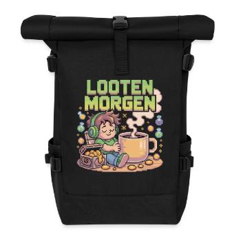 Pixel Kaffee und Loot - Rolltop Rucksack - Schwarz - Vorne