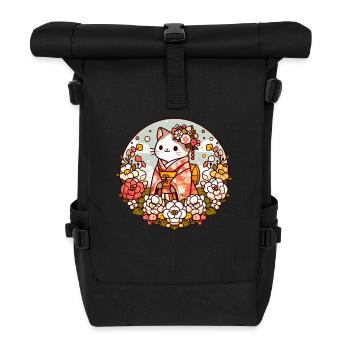 Kimono Cat with Flowers - Roll Top Backpack - black - Front